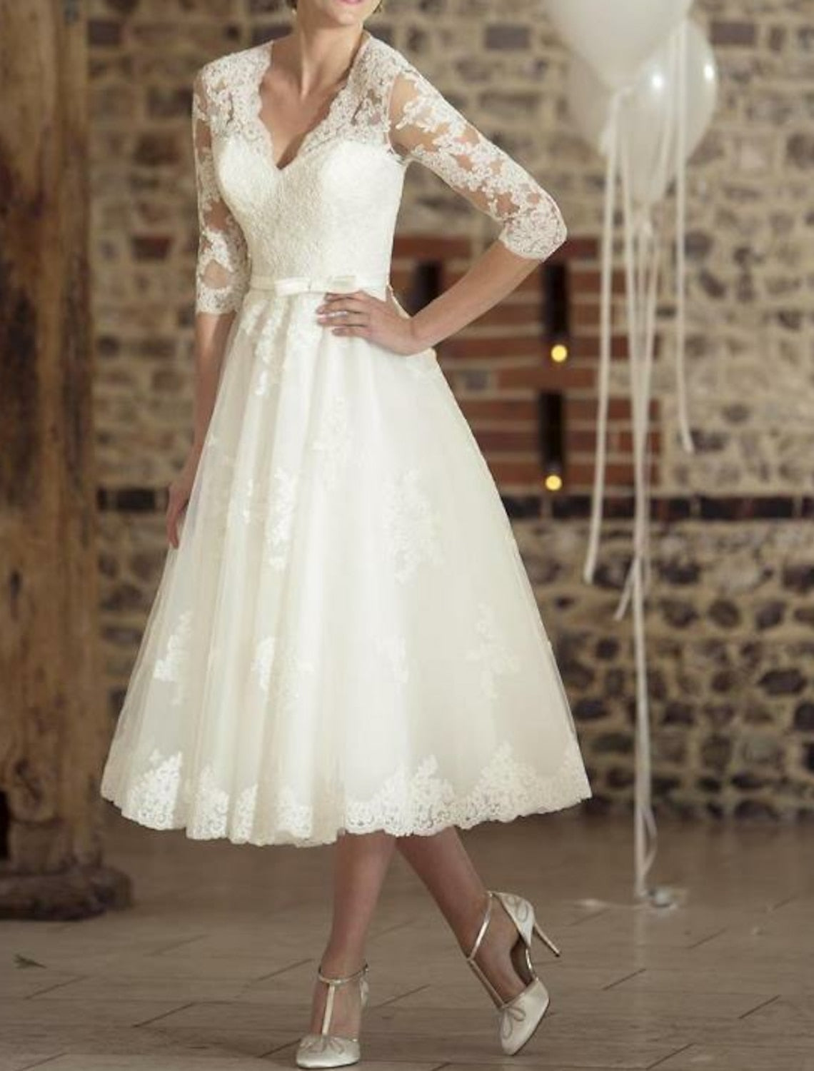 A-Line/Princess V-Neck Tea-length Lace Wedding Dress - Mondressy