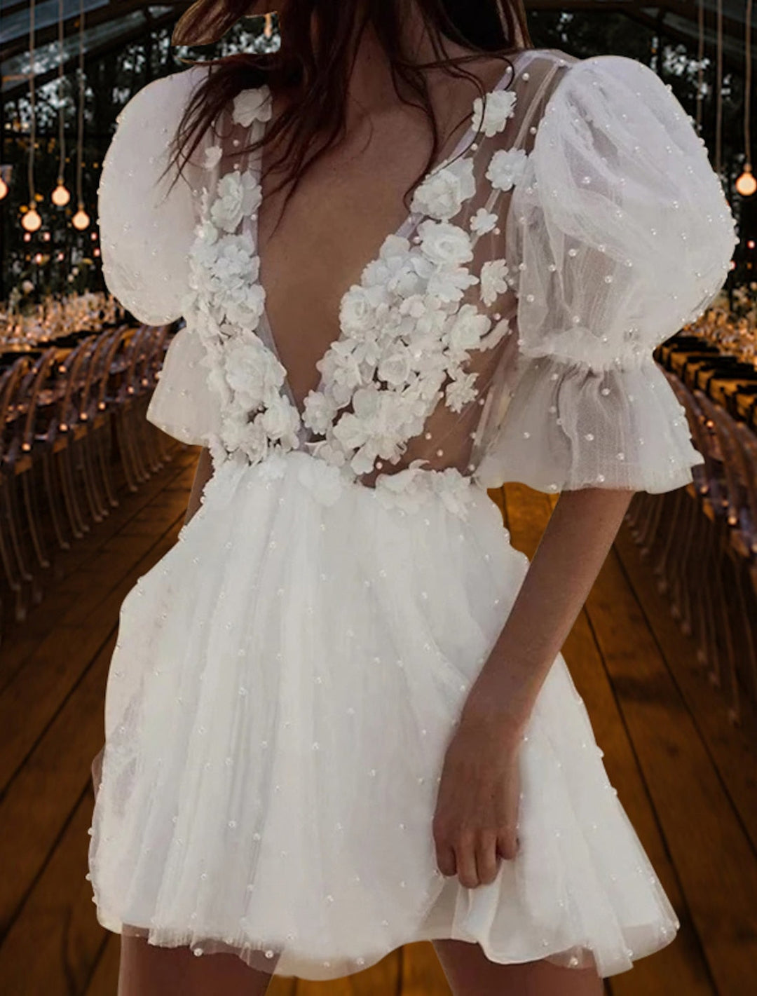 A-Line/Princess V-Neck Mini Lace Wedding Dress - Mondressy A-Line/Princess V-Neck Mini Lace Wedding Dress - Mondressy
