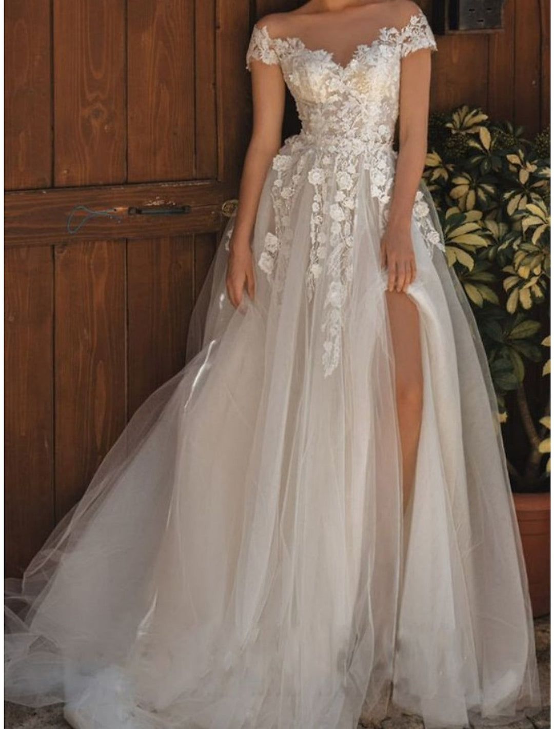 A-Line/Princess Off-the-Shoulder Floor-length Lace Wedding Dress - Mondressy A-Line/Princess Off-the-Shoulder Floor-length Lace Wedding Dress - Mondressy