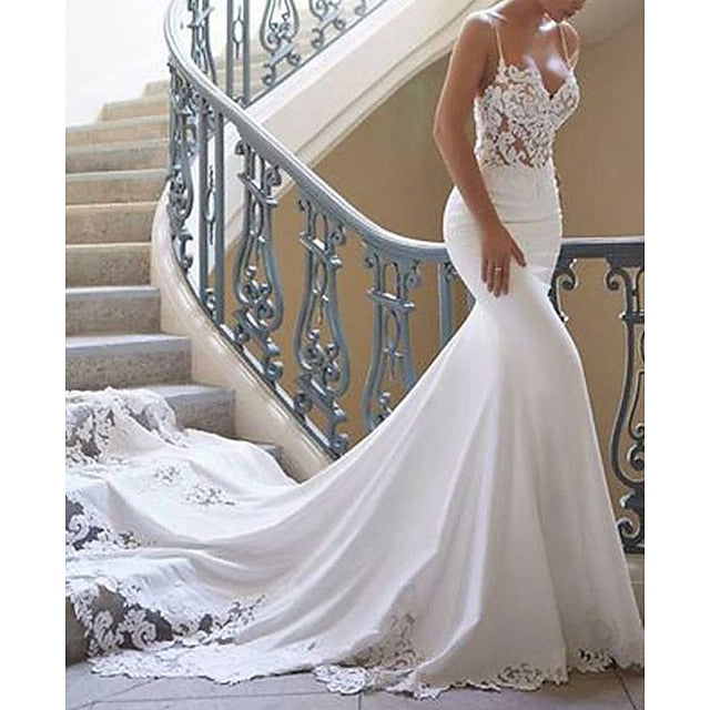 White Bridal Dresses 2026 Satin Appliques Mermaid/Trumpet V-Neck Spaghetti Straps Sleeveless Long Formal Wedding Gowns, Ivory White Bridal Dresses 2026 Satin Appliques Mermaid/Trumpet V-Neck Spaghetti Straps Sleeveless Long Formal Wedding Gowns, Ivory