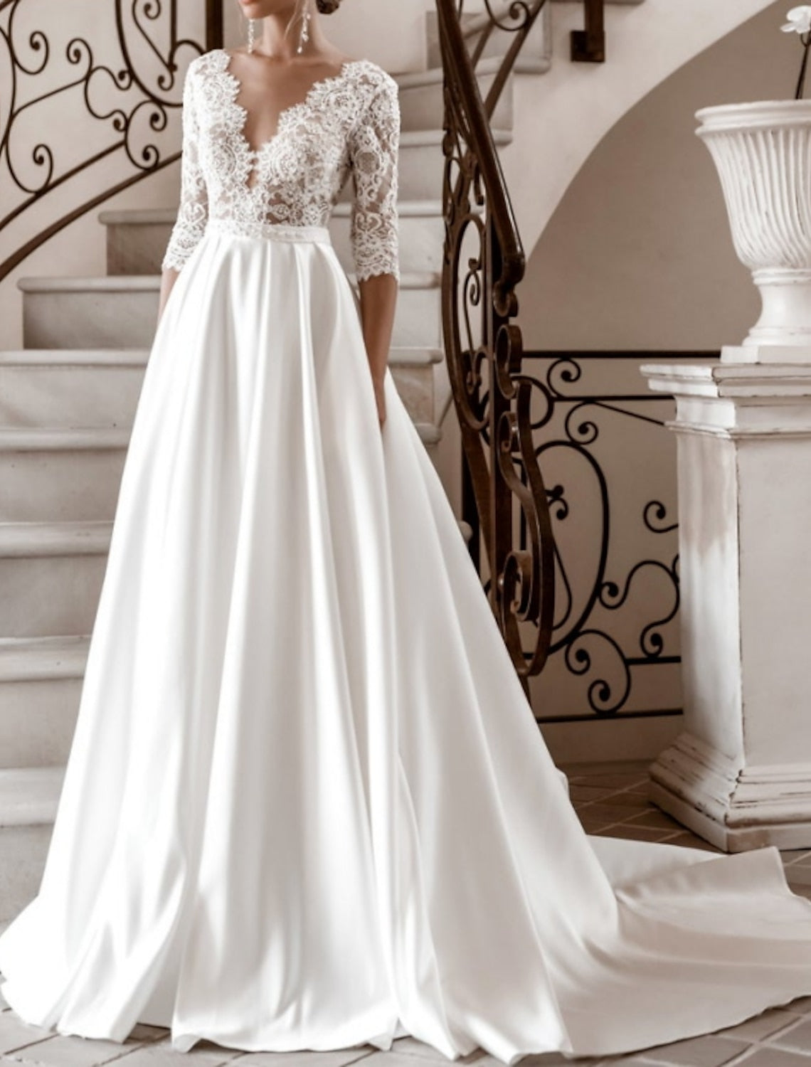 A-Line/Princess V-Neck Short Sleeves Floor-length Lace Wedding Dress with Ruffles main image 0