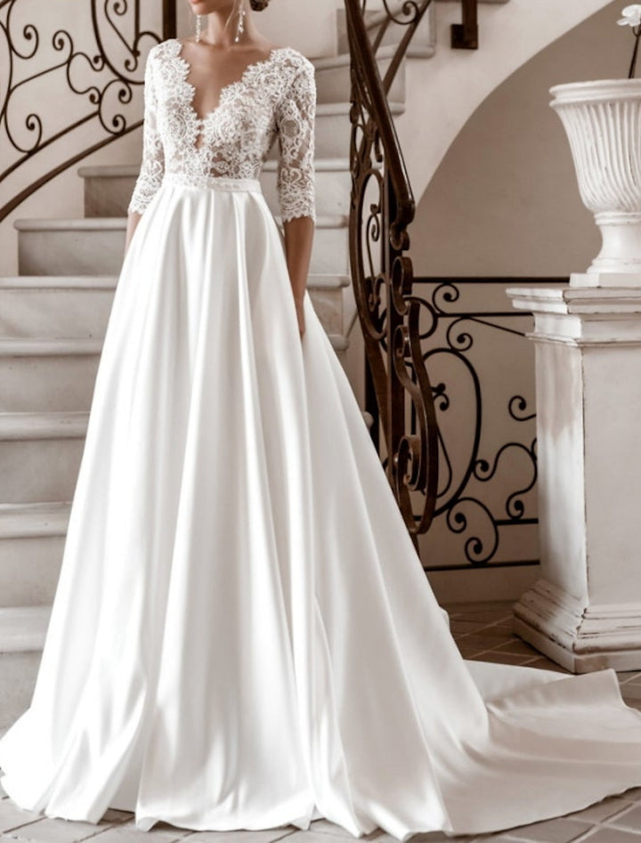 A-Line/Princess V-Neck Floor-length Lace Wedding Dress