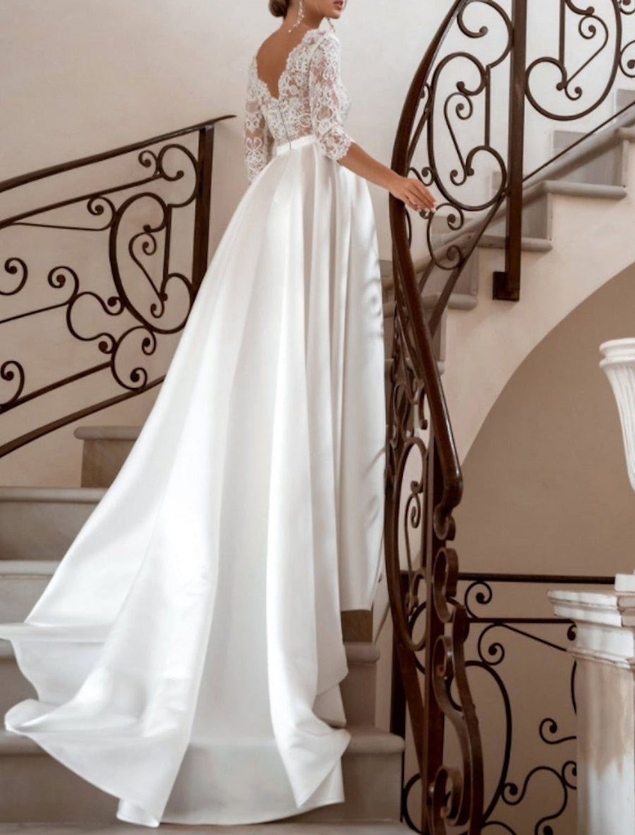A-Line/Princess V-Neck Floor-length Lace Wedding Dress - Mondressy