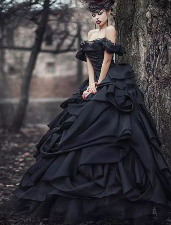 Floor-length black silk satin wedding dress for gothic royalty