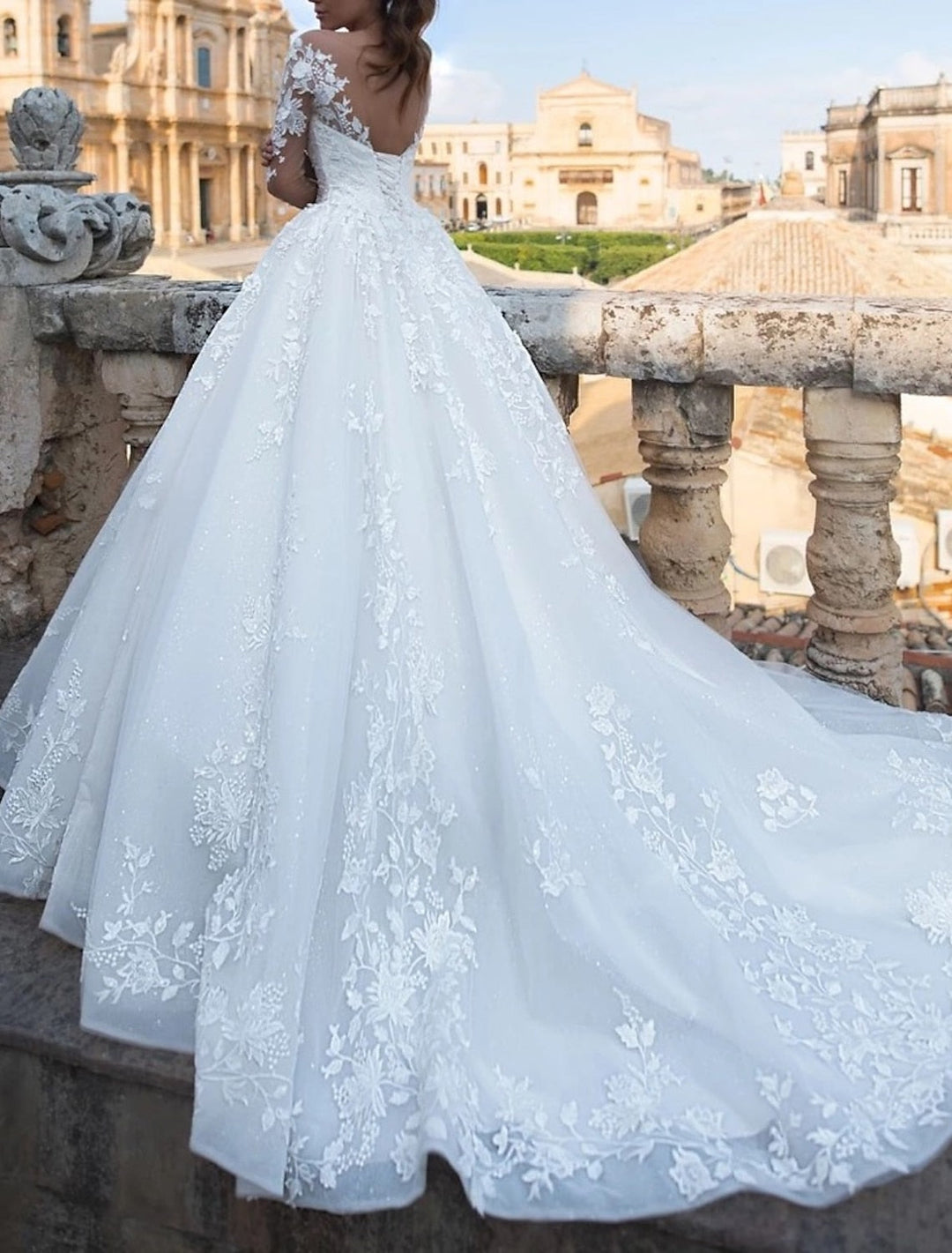 Ball Gown V-Neck Floor-length Lace Wedding Dress