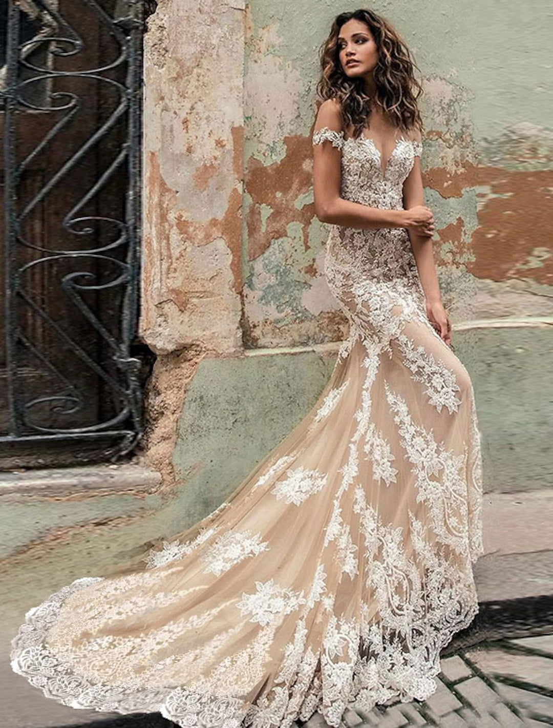 Champagne Bridal Dresses 2026 Lace Applique Off-the-Shoulder Mermaid/Trumpet Sleeveless Floor-Length Formal Wedding Gowns, Champagne Champagne Bridal Dresses 2026 Lace Applique Off-the-Shoulder Mermaid/Trumpet Sleeveless Floor-Length Formal Wedding Gowns, Champagne