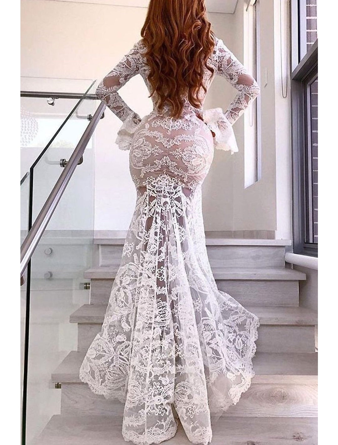 Lace Bridal Wedding Dresses 2026 for Women Sexy Mermaid/Trumpet V-Neck Long Sleeves Floor-Length Beach Wedding Gowns with Split Side, Ivory Lace Bridal Wedding Dresses 2026 for Women Sexy Mermaid/Trumpet V-Neck Long Sleeves Floor-Length Beach Wedding Gowns with Split Side, Ivory