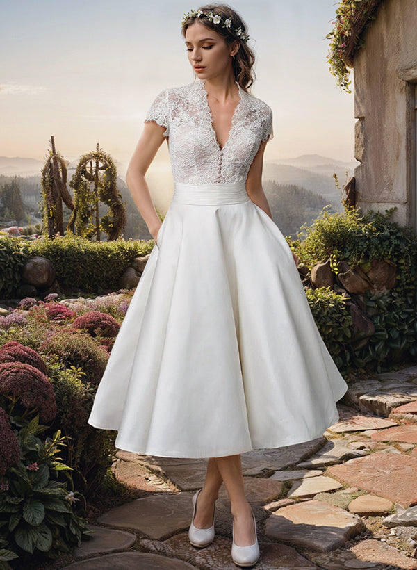 Ball Gown V-Neck Tea-Length Lace Wedding Dress - Mondressy