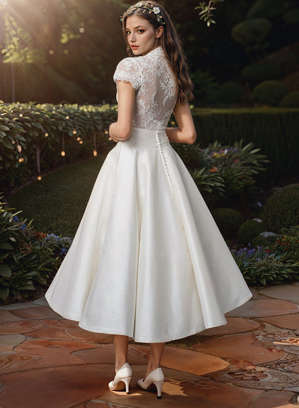 Ball Gown V-Neck Tea-Length Lace Wedding Dress