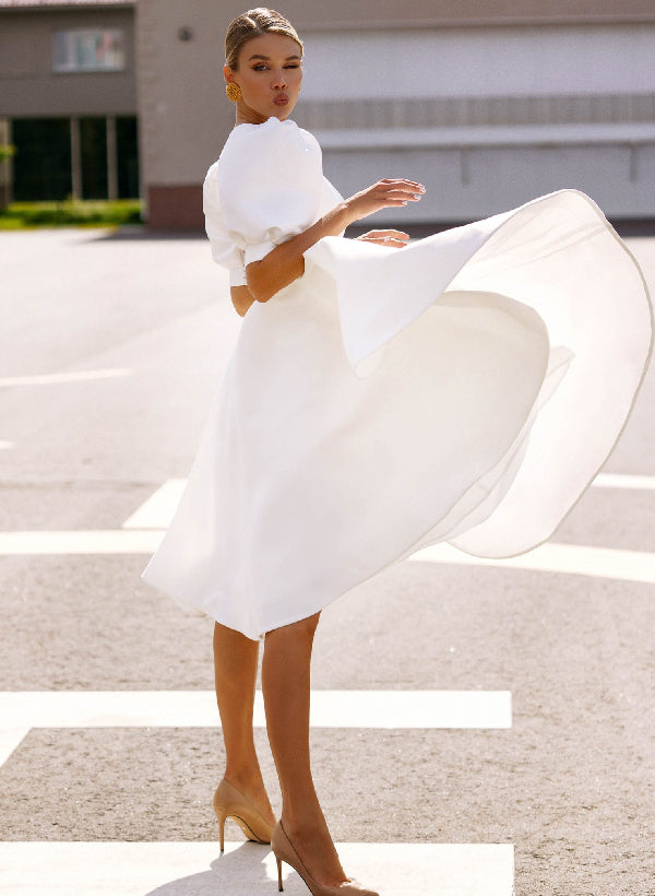 Mondressy Bridal Wedding Dresses 2026 White Satin Women's A-Line Scoop Neck Short Sleeves Knee-Length Beach Wedding Gowns, Ivory Mondressy Bridal Wedding Dresses 2026 White Satin Women's A-Line Scoop Neck Short Sleeves Knee-Length Beach Wedding Gowns, Ivory