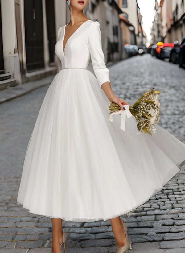 A-Line/Princess V-Neck Tea-Length Wedding Dress - Mondressy