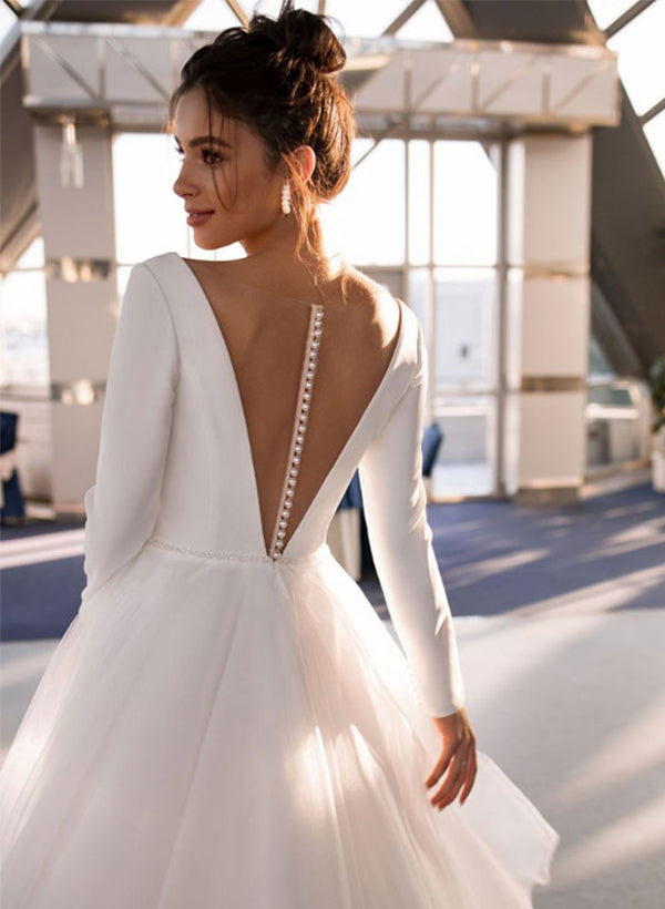 A-Line/Princess V-Neck Tea-Length Wedding Dress