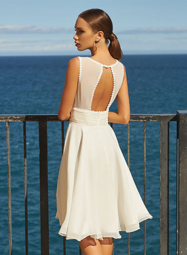 Bridal Wedding Dresses 2026 Ivory Chiffon Women's A-Line V-Neck Sleeveless Knee-Length Elegant Beach Wedding Gowns, Ivory Bridal Wedding Dresses 2026 Ivory Chiffon Women's A-Line V-Neck Sleeveless Knee-Length Elegant Beach Wedding Gowns, Ivory