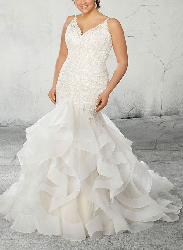 Trumpet/Mermaid V-Neck Plus Size Lace Wedding Dress with Applique & Ruffles