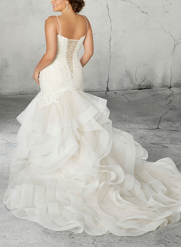 Trumpet/Mermaid V-Neck Plus Size Lace Wedding Dress with Applique & Ruffles