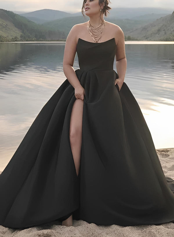 Plus size black wedding dress with A-line silhouette and side split