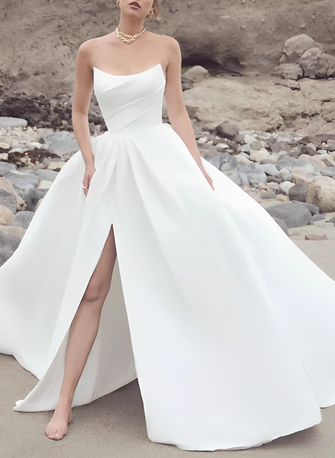 A-Line/Princess Strapless Plus Size Wedding Dress with Split Side