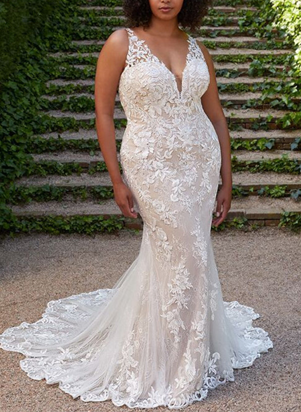 Plus Size Bridal Dresses 2026 for Women Lace Appliques Mermaid/Trumpet Deep V-Neck Sleeveless Long Formal Wedding Gowns, Ivory
