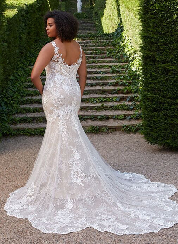 Plus Size Bridal Dresses 2026 for Women Lace Appliques Mermaid/Trumpet Deep V-Neck Sleeveless Long Formal Wedding Gowns, Ivory