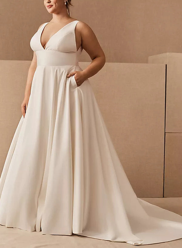 A-Line/Princess V-Neck Plus Size Wedding Dress with Pockets