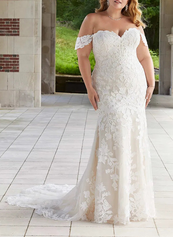 Trumpet/Mermaid Off-the-Shoulder Plus Size Lace Wedding Dress with Applique