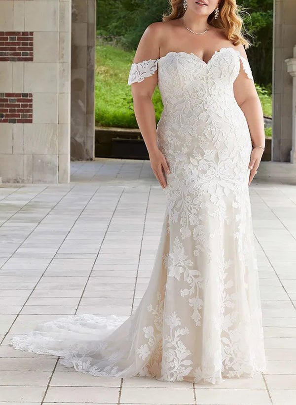 Plus Size Wedding Dresses 2026 Off-the-Shoulder Lace Appliques Mermaid/Trumpet Sleeveless Floor-Length Bridal Ball Gowns, Ivory Plus Size Wedding Dresses 2026 Off-the-Shoulder Lace Appliques Mermaid/Trumpet Sleeveless Floor-Length Bridal Ball Gowns, Ivory