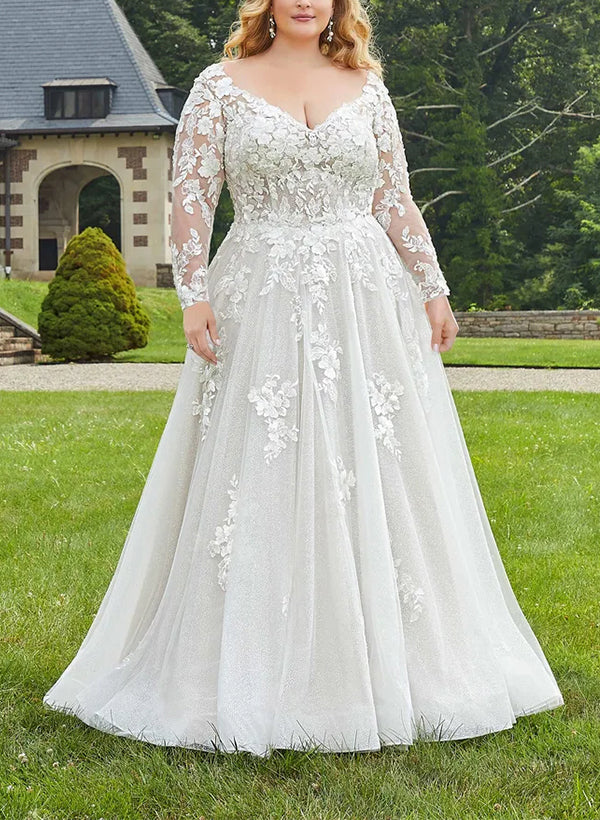strapless open back dress Appliques Bridal Gowns Plus Size for Women Ball Gown A-Line V-Neck Long Sleeves Floor-Length Tulle Formal Wedding Dresses, Ivory