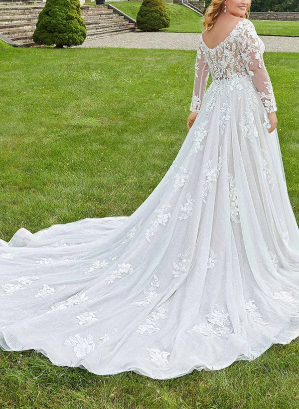 plus size lace wedding dresses with sleeves Appliques Bridal Gowns Plus Size for Women Ball Gown A-Line V-Neck Long Sleeves Floor-Length Tulle Formal Wedding Dresses, Ivory