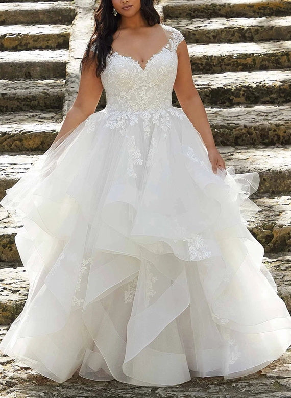 A-Line/Princess V-Neck Plus Size Lace Wedding Dress with Applique & Ruffles