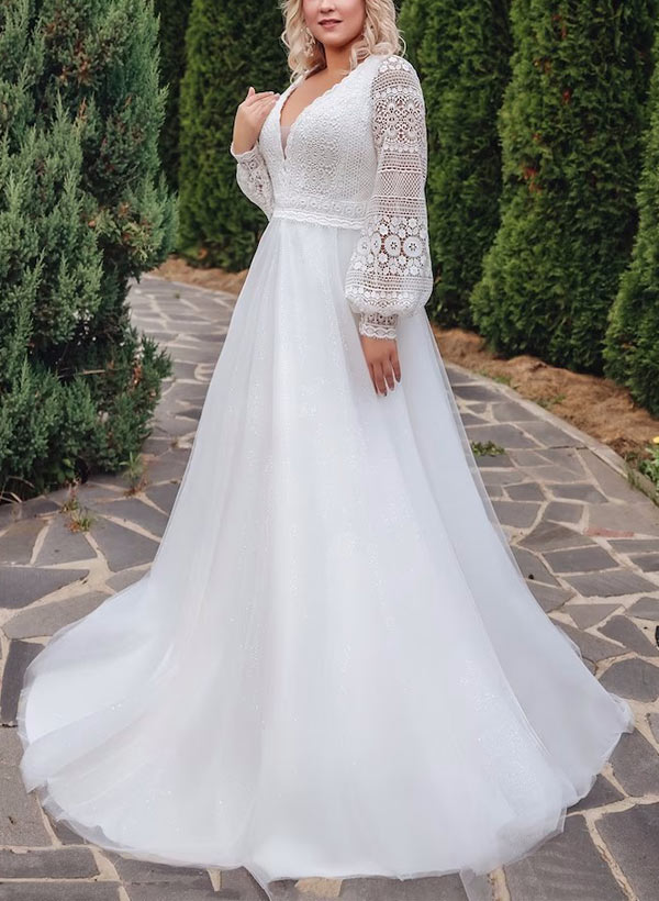 Lace Bridal Wedding Dresses 2026 Plus Size for Women A-Line Deep V-Neck Long Sleeves Floor-Length Tulle Formal Wedding Gowns, White