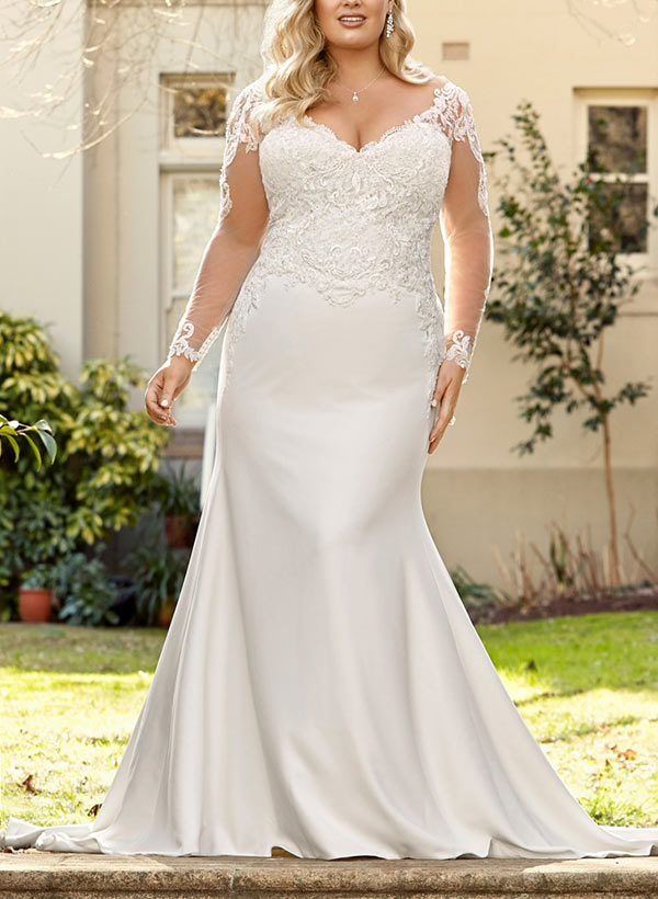 mermaid plus size wedding dresses with sleeves Trumpet/Mermaid V-Neck Long Sleeves Plus Size Lace Wedding Dress with