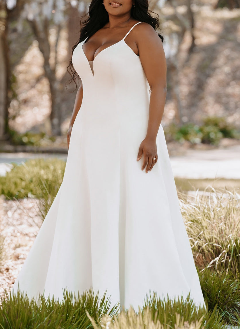 A-Line/Princess Spaghetti Straps V-Neck Plus Size Wedding Dress - Mondressy A-Line/Princess Spaghetti Straps V-Neck Plus Size Wedding Dress - Mondressy