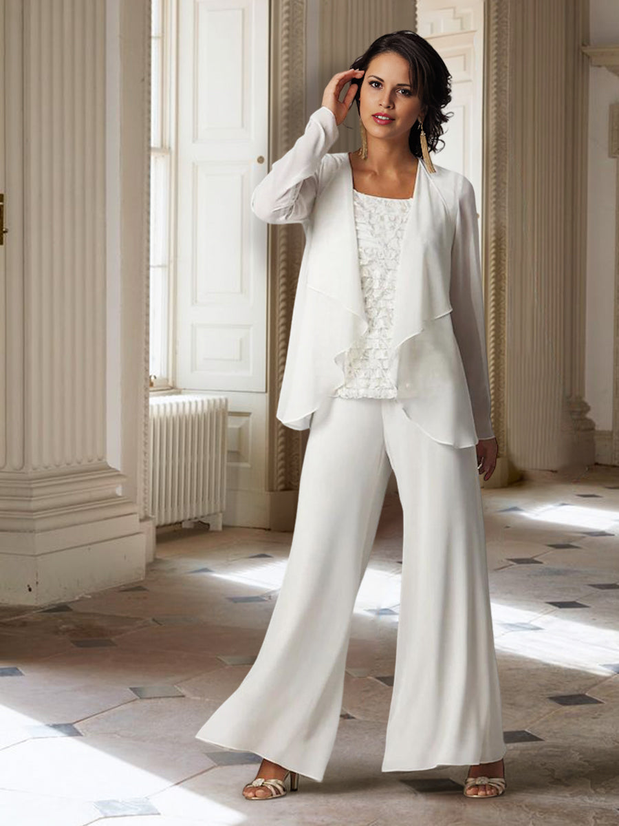 Chiffon Long Sleeves Mother of the Bride Pantsuits with Jacket - Mondressy