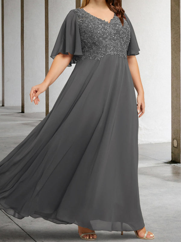 A-Line/Princess V-Neck Half Sleeves Floor-Length Plus Size Mother of the Bride Dresses with Applique