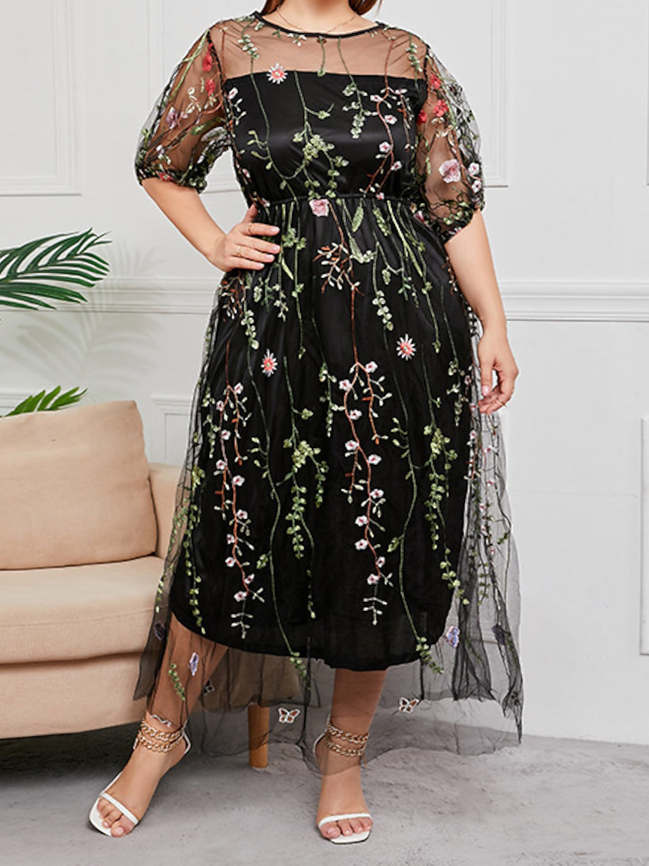 A-Line/Princess Shirt Collar 3/4 Sleeves Printed Flower Mother of the Bride & Groom Dresses