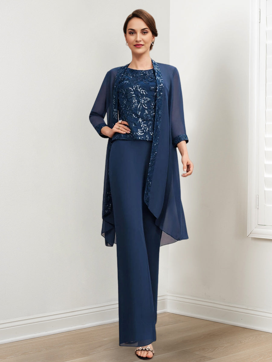 Chiffon Mother of the Bride Pantsuits with Sequins & Jacket