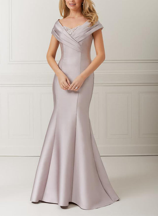 Trumpet/Mermaid Off-the-Shoulder Beading Short Sleeves Long Satin Mother of the Bride Dresses main image 1