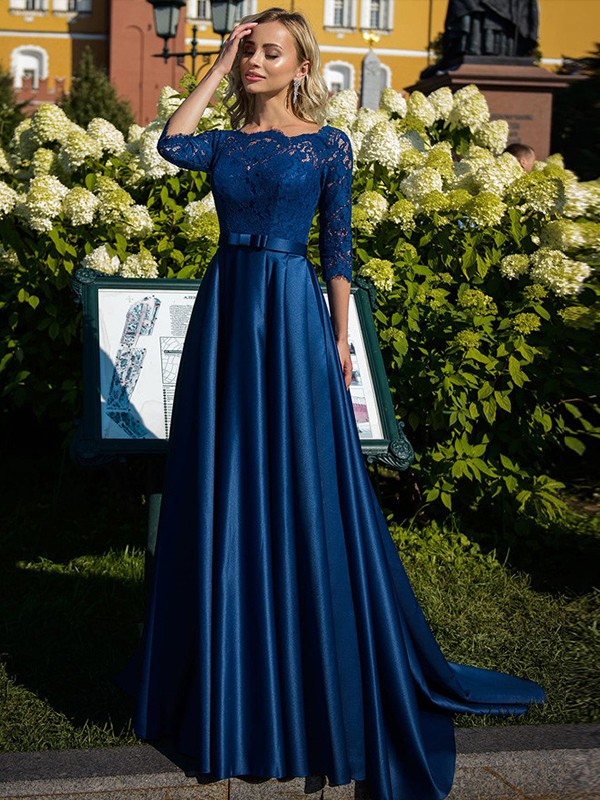 Satin Mother of The Bride Dresses 2026 Women's A-Line/Princess Half Sleeves Formal Evening Gowns with Lace & Belt, Royal Blue