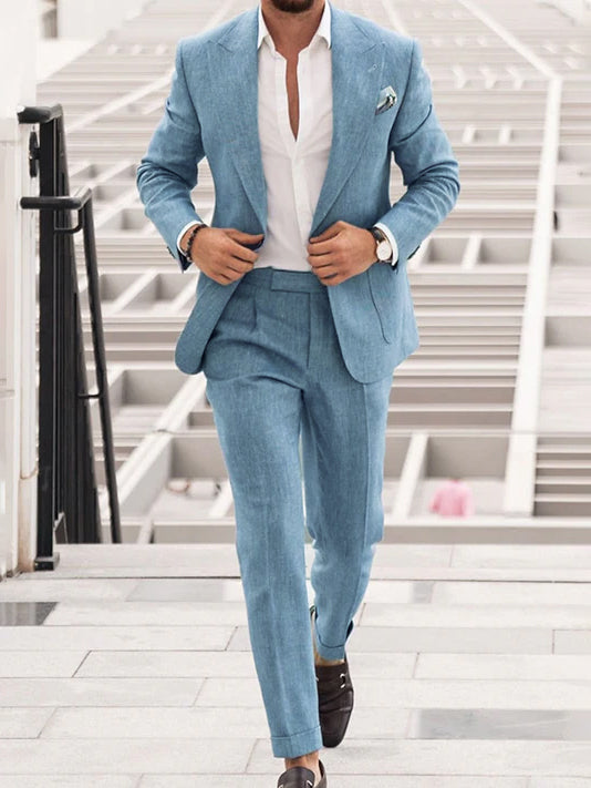 Men's Tailored Fit Single Breasted Two-buttons 2 Pieces Solid Colored Linen Suits