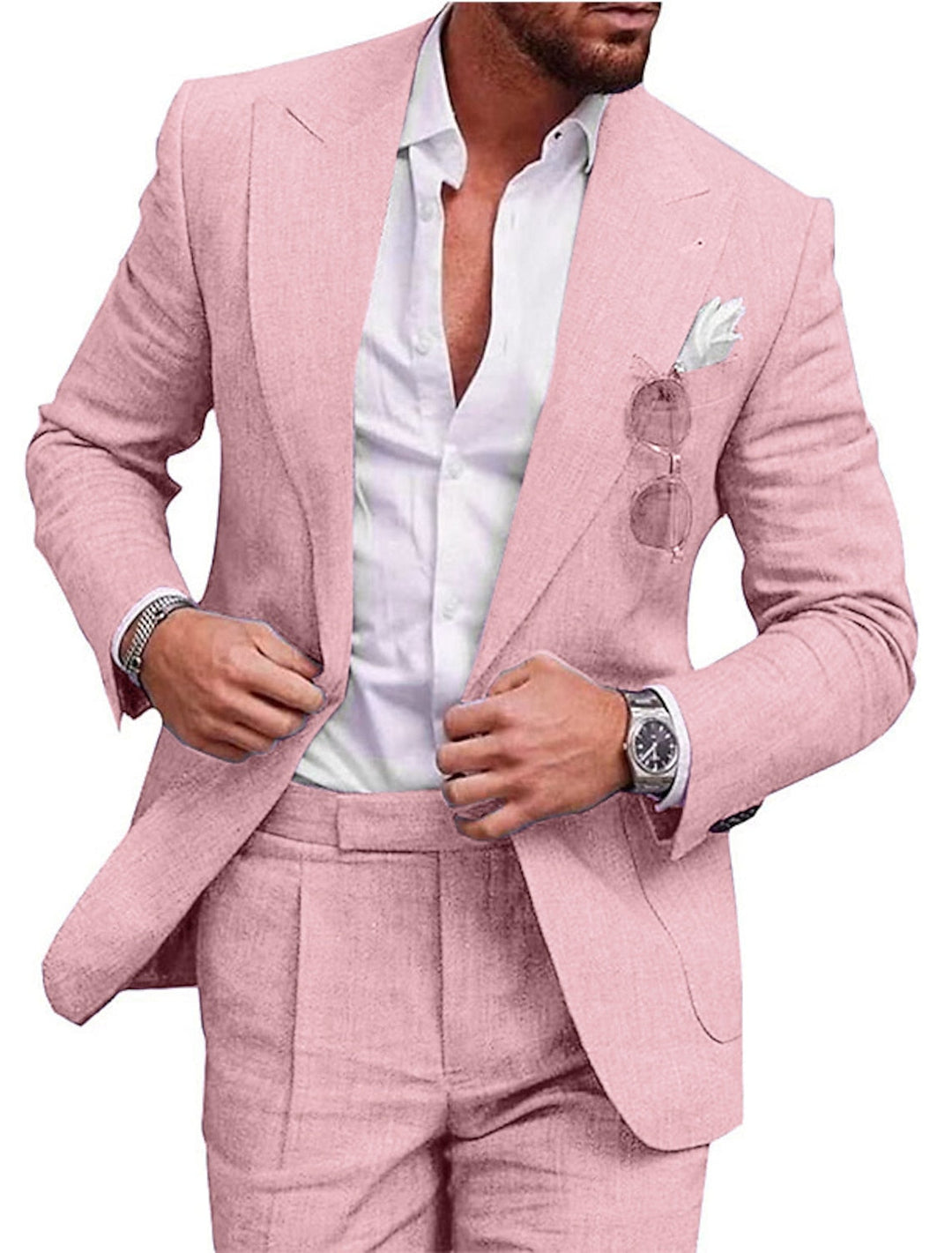 Men's Tailored Fit Single Breasted Two-buttons 2 Pieces Solid Colored Linen Suits