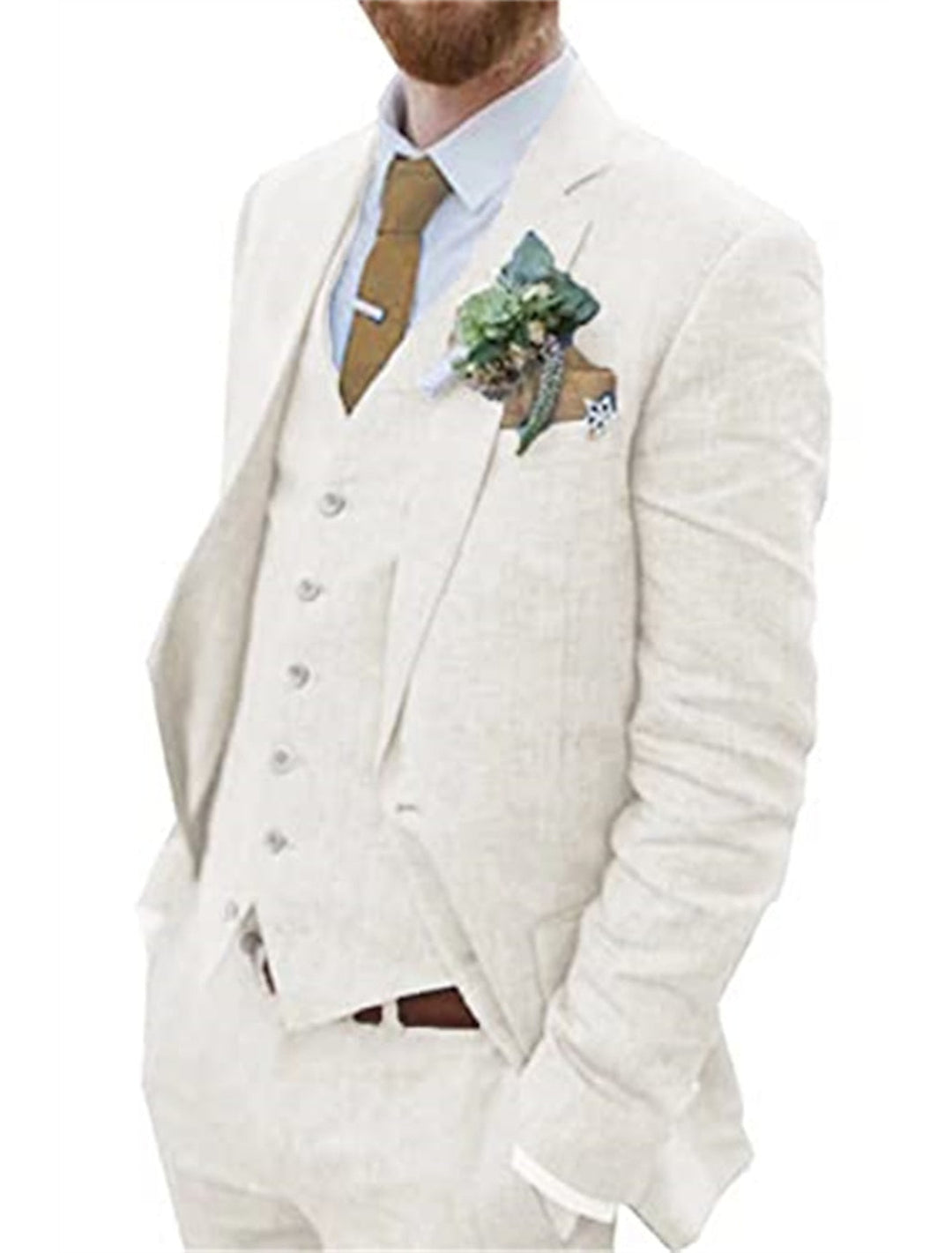 Men's Tailored Fit Single Breasted Two-buttons 3 Pieces Solid Colored Linen Suits