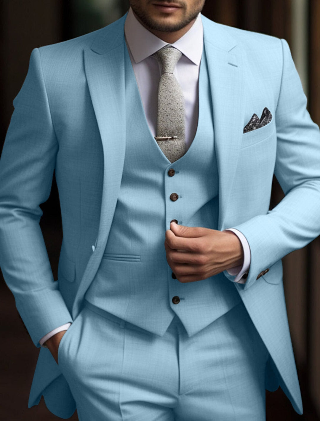 Men's Tailored Fit Single Breasted Two-buttons 3 Pieces Solid Colored Wedding Suits