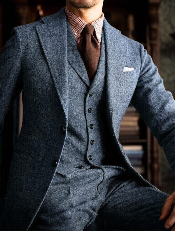 Men's Tailored Fit Single Breasted Two-buttons 3 Pieces Solid Colored Wedding Tweed Suits