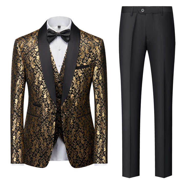 Gold Men's Tailored Fit Single Breasted One-button 3 Pieces Printed Prom Party Suits