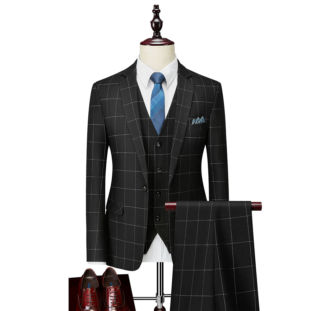 Men's Tailored Fit Single Breasted One-button 3 Pieces Plaid Wedding Suits