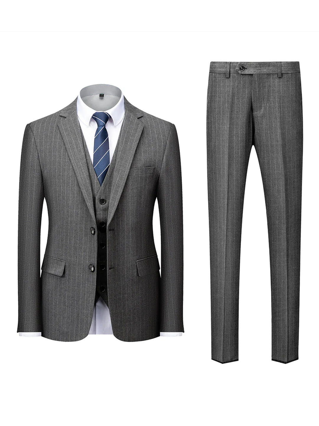 Men's Tailored Fit Single Breasted Two-buttons 3 Pieces Striped Wedding Suits