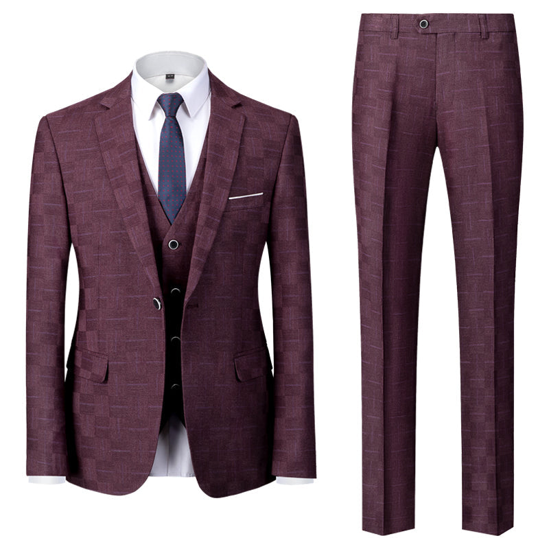Blue Burgundy Black Men's Tailored Fit Single Breasted One-button 3 Pieces Plaid Wedding Suits