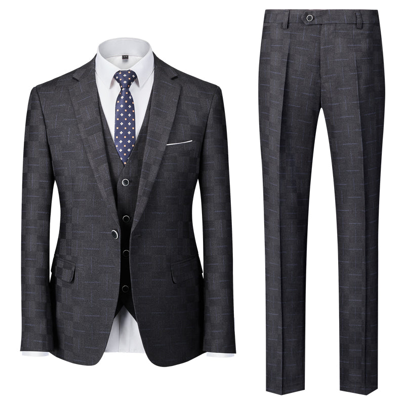 Blue Burgundy Black Men's Tailored Fit Single Breasted One-button 3 Pieces Plaid Wedding Suits