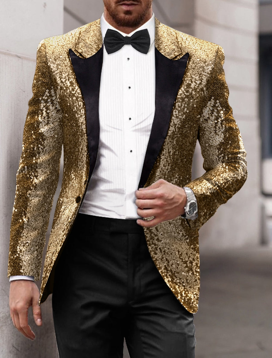 Gold Red Blue Gray Purple Men's Tailored Fit Single Breasted One-button Sequins Party Jacket, Gold / S Gold Red Blue Gray Purple Men's Tailored Fit Single Breasted One-button Sequins Party Jacket, Gold / S