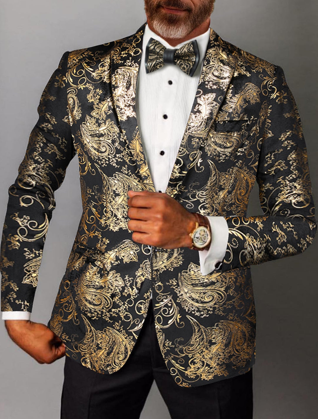 Gold Silver Men's Tailored Fit Single Breasted One-Button Printed Party Jacket, Gold Gold Silver Men's Tailored Fit Single Breasted One-Button Printed Party Jacket, Gold